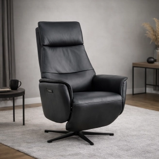 Malthe elbetjent lænestol m/indbygget fodhviler - sort semianilin læder - Lænestole m/indbygget skammel