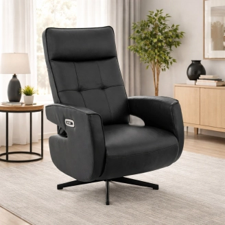 Nolan elbetjent lænestol m/indbygget fodhviler - sort læder - Forma