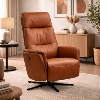 Malthe lænestol m/indbygget fodhviler - cognac semianilin læder - Lænestole m/indbygget skammel