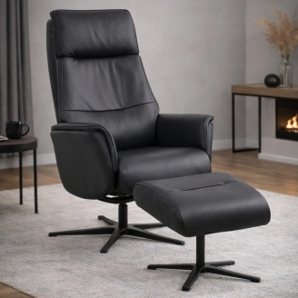 Malthe lænestol m/skammel - sort semianilin læder - ▶ LÆNESTOLE