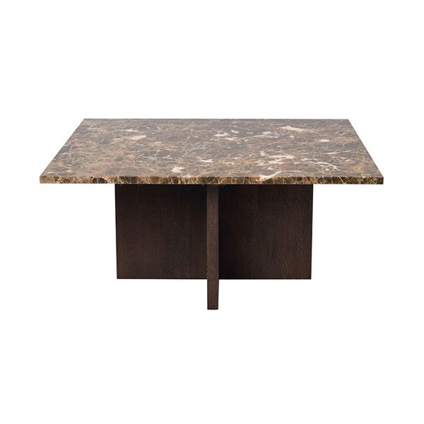 Brooksville firkantet sofabord med brun marmor og brunt træstel forfra