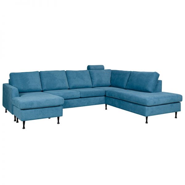 Dublin U sofa med sorte metalben og blåt stof