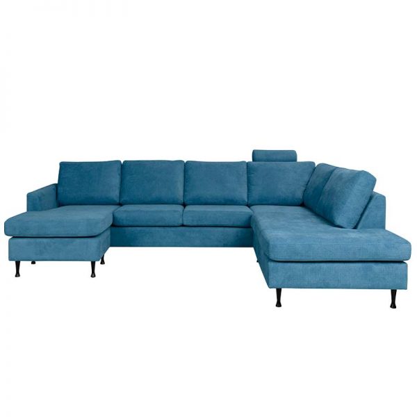 Dublin U sofa med sorte metalben og blåt stof forfra