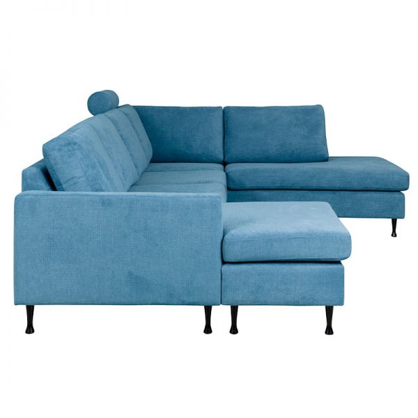 Dublin U sofa med sorte metalben og blåt stof fra siden