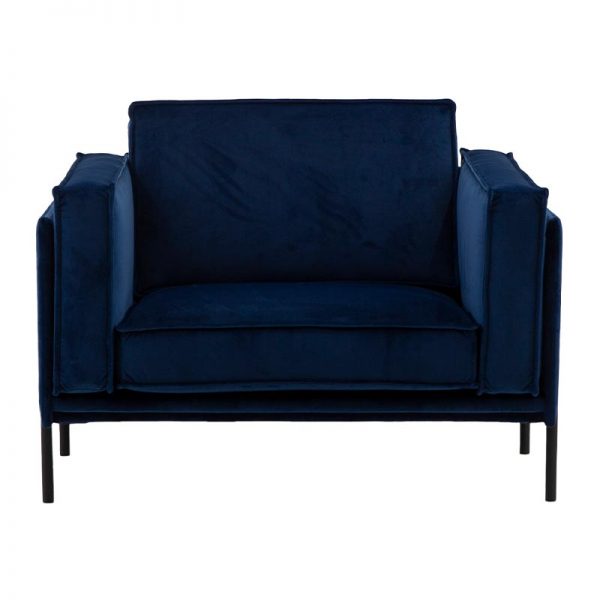 Folkland mørkeblå velour 1 personers sofa lænestol forfra