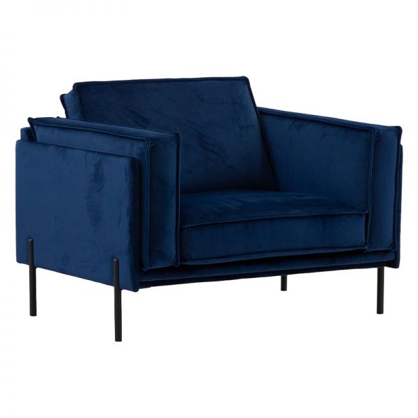 Folkland mørkeblå velour 1 personers sofa lænestol fra siden forfra